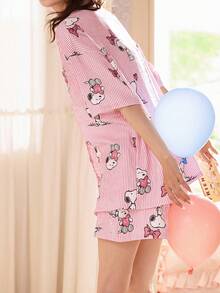 Gongdie Bộ đồ ngủ nữ Snoopy 2 món, chất liệu mềm mại, thoáng khí, họa tiết hoạt hình dễ thương và sọc, thích hợp mặc nhà mùa hè. - Hồng - Xem 4