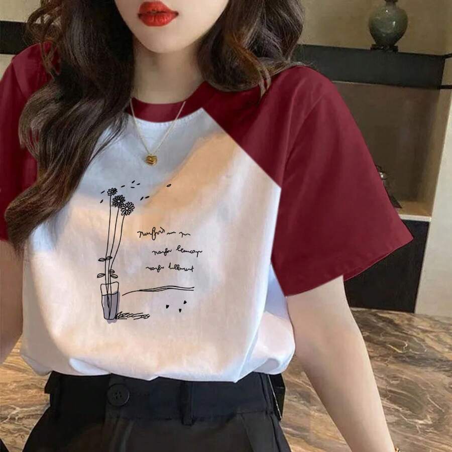 Women's Short-Sleeved T-Shirt In Pure Cotton With Color Blocks, A New Loose And Versatile Blouse For Spring And Summer. - 紅色袖 水瓶花朵 - 查看 1