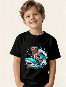 Dinosaurio Montando Ola de Tiburón Camiseta para niños - Negro - Ver 7