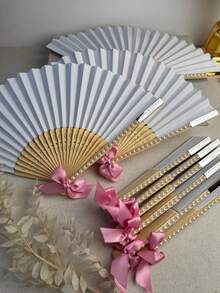 Personalized Wedding Fan With Pearl And Satin Ribbon - Customized Engraved Hand Fan As Bridesmaid Gift, Bridal Shower, Bachelorette Party Elegant Wedding Favor - Nhiều màu - Xem 7