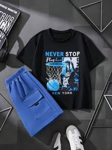 两件套男童服装，儿童服装，儿童篮球印花圆领T恤和工装短裤运动休闲套装，适合日常户外玩耍和儿童节礼物 - 黑色 - 查看 9