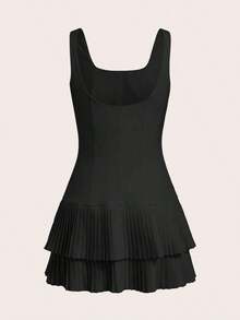 Vestido corto sin mangas de cuello redondo con pliegues de unicolor para mujer - Negro - Ver 8