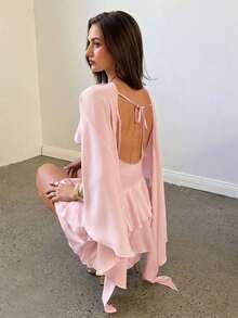 Vestido mini sin mangas de color albaricoque para mujer, chal desmontable, vestido romántico retro sexy y lindo para citas - Rosa Pálido - Ver 7
