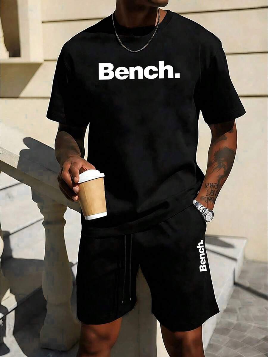Plus Size 2-Piece Set: Men's Bench. Logo Print Short Sleeve T-Shirt & Drawstring Shorts Casual Outfit - Black - View 1