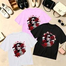 Choose One Of The Three Sets Women's T-Shirt Sugar Skull Rose Print 100% Cotton Oversized Soft Breathable Casual Crewneck Short Sleeve Top Retro Edgy Summer Vibes - 白色 - 查看 9