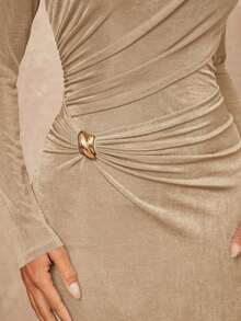 xheLumalex Vestido elegante de manga larga, ajustado y plisado de unicolor para mujerxhe - Caqui - Ver 3