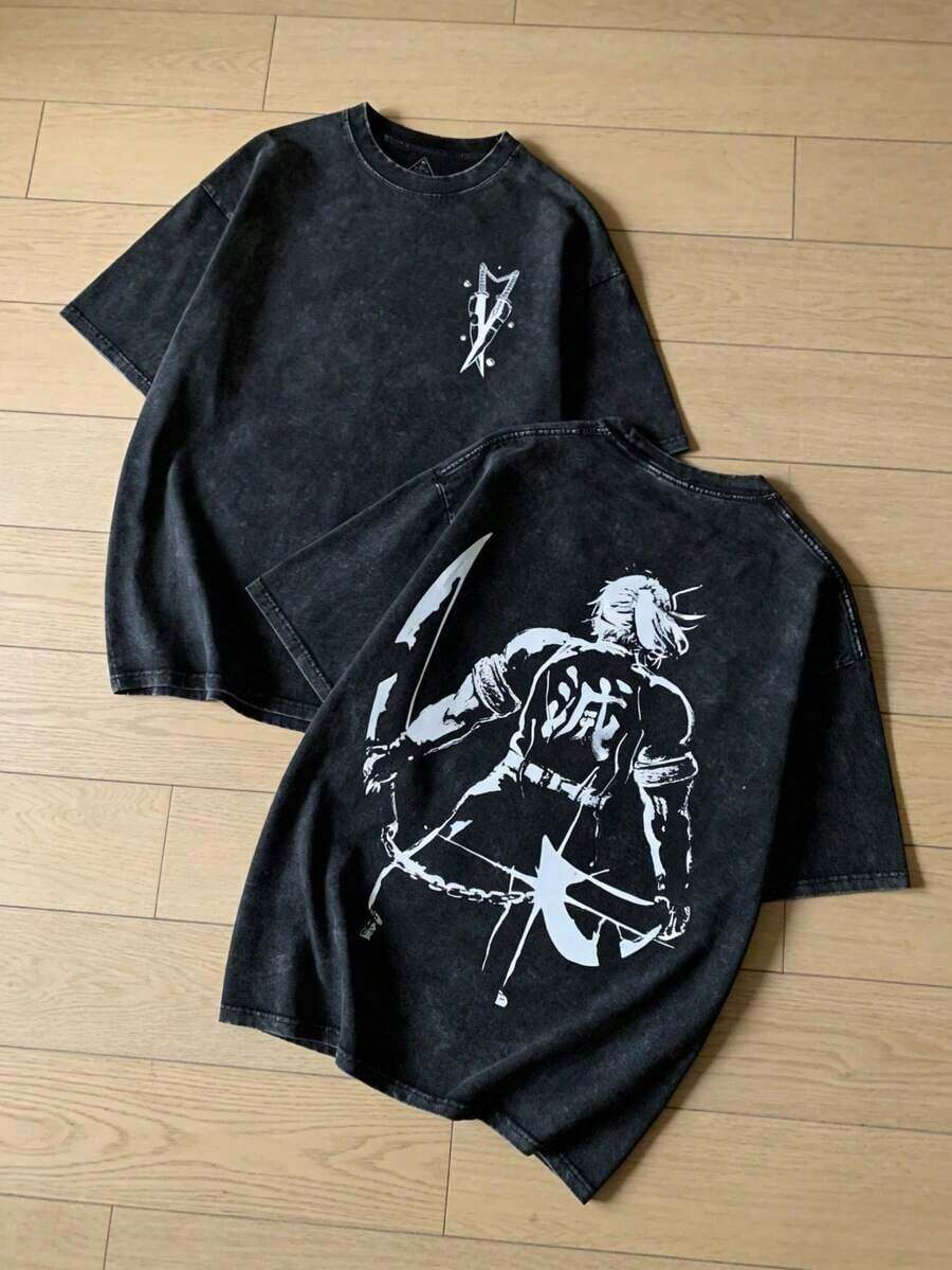 Retro-Style Comic/Anime T-Shirts Featuring The Sound Pillar In Battle Make A Perfect Gift For Anime And Manga Fans. These Men's Washed Cotton T-Shirts Combine Y2K Gothic Style With Streetwear For Otaku. 0XYP - 黑色 - 查看 1