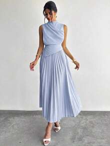 Vestido de línea A con cuello swing, sin mangas y con volantes/Falda paraguas/Ropa de vuelta al colegio/Ropa escolar/Fiesta/Estilo de mujer de dinero antiguo/Atuendos para salir/Atuendo de fiesta para mujer/Atuendos de oficina para mujer/Falda color albaricoque imitación - Celeste - Ver 8