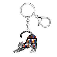 1pc Creative Cat Bookshelf Book Keychain, Acrylic Bookworm Kitten Bookcase Keyring, Back To School Teacher Appreciation Gifts - Cat - View 5