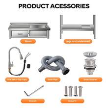 Fregadero industrial de acero inoxidable independiente - Con único o dos senos - Mesa de trabajo y estante integrados - Grifo de agua fría y caliente - Ideal para cocina, lavandería, garaje - Plateado - Ver 3