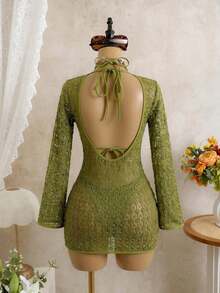 Conjunto de bikini de atar elegante y vintage de color marrón sólido para mujer, ideal para vacaciones y casual. Vestido con textura como cubierta de traje de baño, traje de baño para playa - Verde - Ver 6