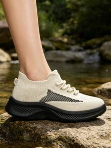 RUSHINE 2025 Frühjahr/Sommer Neue atmungsaktive Strick-Socken-Schuhe, Slip-On Luftkissen-Wanderschuhe, weiche Sohle rutschfeste Sportschuhe, vielseitige lässige bequeme Slouchy-Schuhe, modische elastische Socken-Schuhe, leichte stoßabsorbierende Pendler-Schuhe, bequeme flache weiße Schuhe - Aprikosenfarben - Übersicht 4