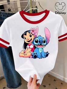 [Disney Official Authorization] Women's Casual Short Sleeve Round Neck Graphic Tee Top, Stylish Knitted Fabric T-Shirt With Print For Everyday Wear Disney Land .Lilo & Stitch Print T-Shirt.Cartoon Loose Fit Versatile Couple And Family Matching Round Neck Short Sleeve T-Shirt Top - trắng - Xem 1