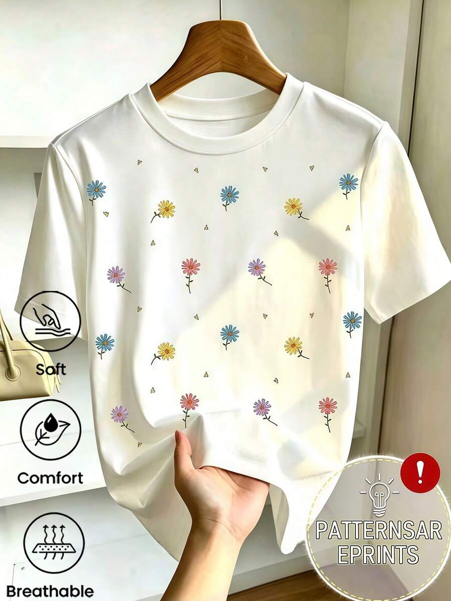 Camiseta de manga corta estampada, diseño casual y adorable, corte amplio. Para niños de 5 a 14 años, se puede usar como prenda interior o exterior. Camiseta de cuello redondo para niños. - Blanco - Ver 1
