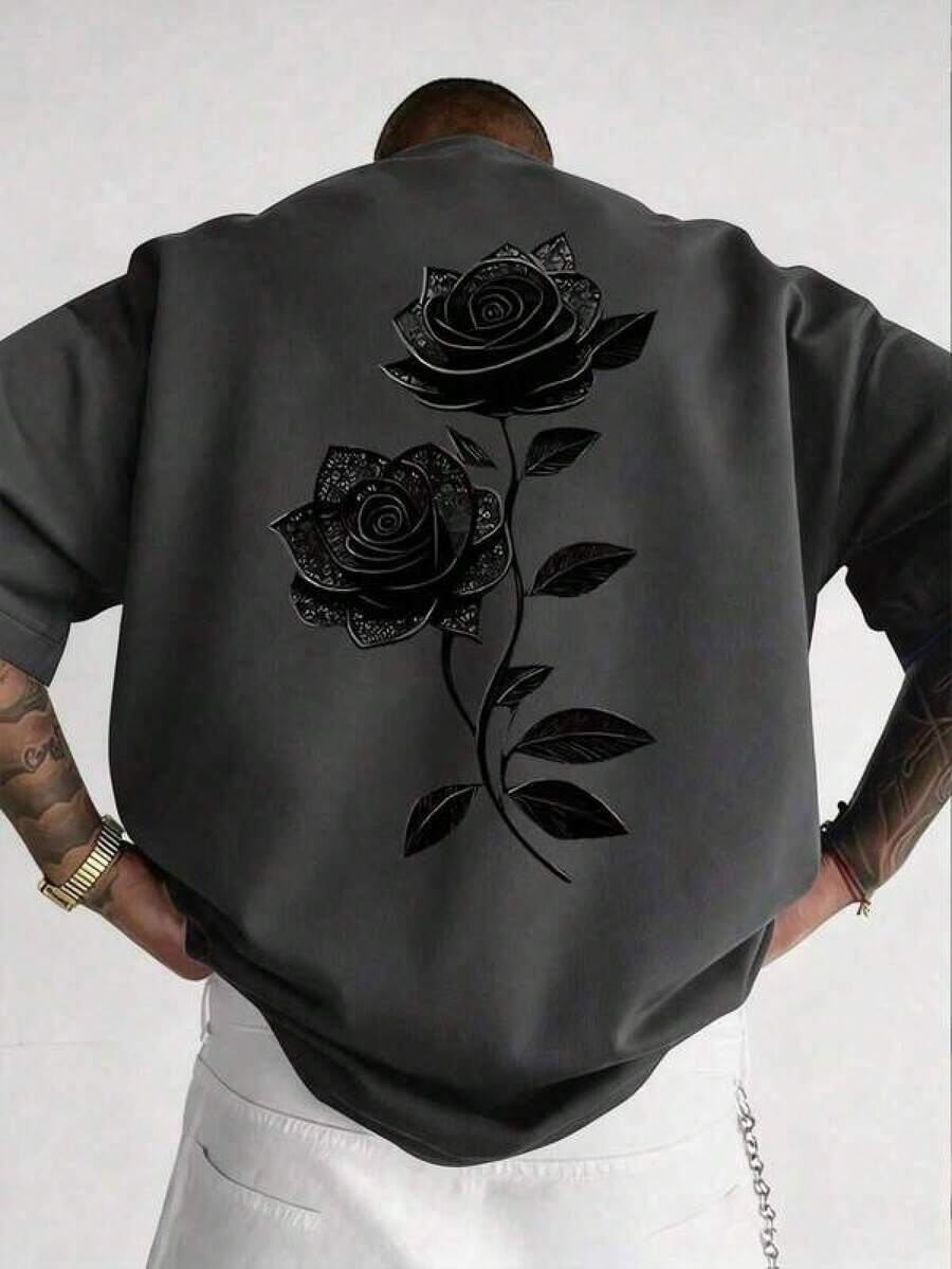 Camiseta de Hombre con Estampado de Rosas, Estilo Vintage Lavado, Casual de Verano, Manga Corta UZYK - Negro - Ver 1
