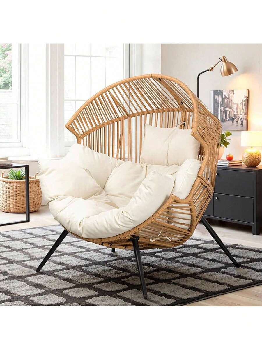 Vongrasig Wicker Rocking Chair PE Rattan With Cushion, Oversized Patio Lounge Rocker Chair Outdoor, Indoor, Livingroom, Backyard, Garden (Beige) - Beige - View 1
