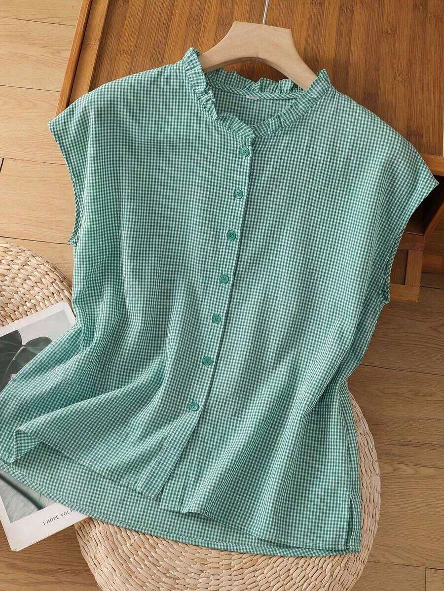 Blusa de mujer de lino a cuadros, estilo vintage con cuello de volantes, manga corta, holgada y casual. Blusa de verano, ligera y transpirable, de estilo bohemio - Rojo verde - Ver 1