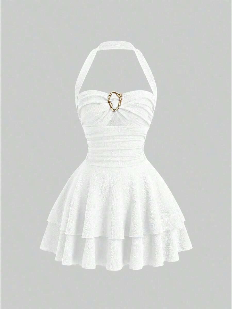 Nuevo vestido marrón de primavera/verano para mujer, de estilo vintage, sexy, ajustado, con escote halter, elegante, versátil y cómodo para fiestas y uso casual - Blanco - Ver 1