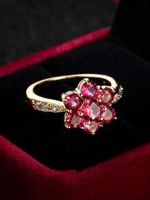 1pc Fashionable Colorful Zirconia Flower Ring For Women - Hot Pink - View 3