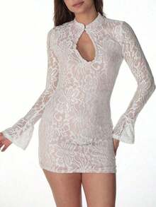 Spring Party Dress: Fitted Mini, Flared Sleeves And Hollow Lace Details – Elegant Look - 白色的 - 查看 3