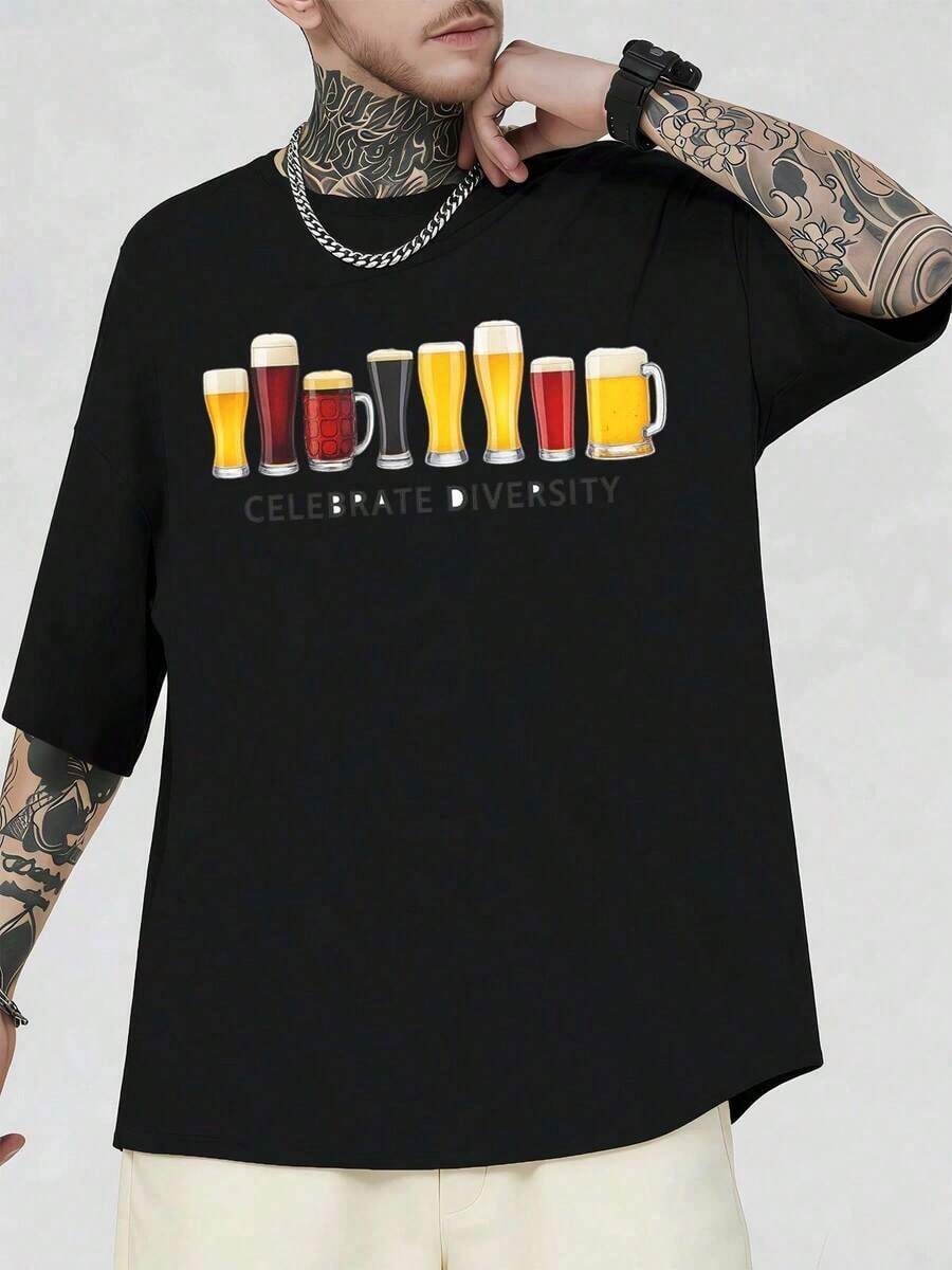 Camiseta con Estampado Gráfico de Diversidad Cerveceria, Tela Premium, Estampado Artístico, Estilo Hip-Hop Urbano, Transpirable - Negro - Ver 1