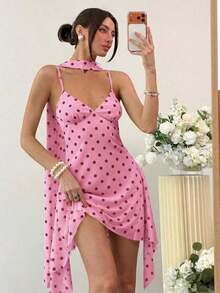Vestido corto de verano casual de mujer con estampado de lunares y tirantes finos - Rosa 2 - Ver 10