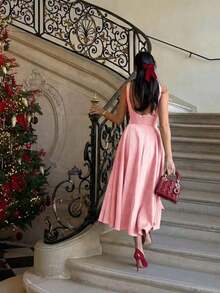 Elegante vestido romántico francés con espalda descubierta, cintura ceñida y diseño calado, color borgoña, adecuado para Navidad, fiestas de vacaciones y citas de verano - Rosa - Ver 2
