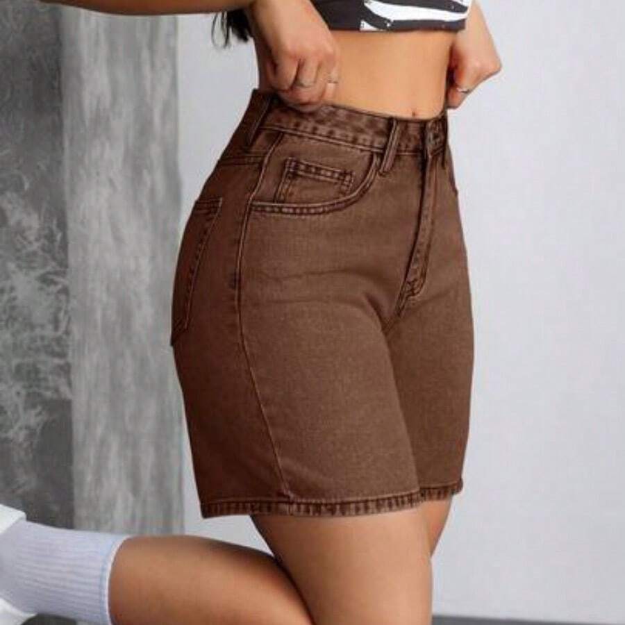 guang zhou mi qian shang mao  Tall Shorts vaqueros de tiro medio casual lavados para mujer estilo Y2K - Café integral - Ver 1