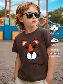 Boys' 100% Casual Short-Sleeve T-Shirt With Tiger Face Print – Fun Summer Design, Machine Washable, Regular Fit For Casual Wear, Playful Fashion For Boys, Comfortable Children's Clothing, Fun Print, Breathable Fabric, For Toddlers - 白色 - 查看 7