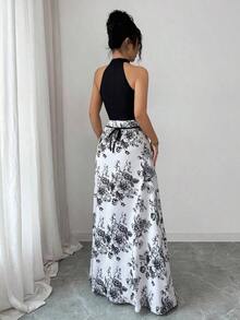 Vestido de verano de mujer de nueva llegada con diseño francés de patchwork sin mangas, vestido ajustado con cuello de halter estampado de diseño único y contraste de color con lazo en la cintura - Multicolor - Ver 2