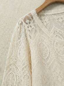 Bohemian Style V-Neck Puff Sleeve Lace Front Button Ruffle Trim Casual Blouse - Summer Loose Shoulder Cover - Apricot - View 8