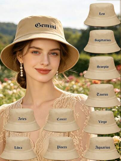 1 Pc Women's Light Khaki Zodiac Embroidery Bucket Hat, Elegant Temperament Sun Hat, Multi-Scene Cap For Garden Picnics/Afternoon Tea Meetups/Urban Strolls/ Daily Outings