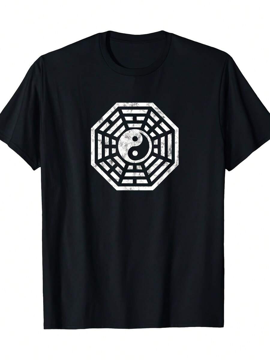 Men's 100% Cotton T-Shirt With Taoist Yin Yang Symbol And Bagua Trigrams - Casual Black Short-Sleeve T-Shirt, Regular Fit For Martial Arts And Spiritual Philosophy Enthusiasts - 黑色 - 查看 1