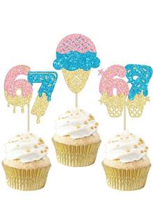 9 pezzi Decorazioni per torta di compleanno blu e rosa, decorazioni per torta di compleanno divertenti per il 6° e 7° compleanno, decorazioni per cupcake di compleanno 6° e 7°, forniture per decorazioni di torte a tema gelato per feste - 6 7 - Visualizzare 1