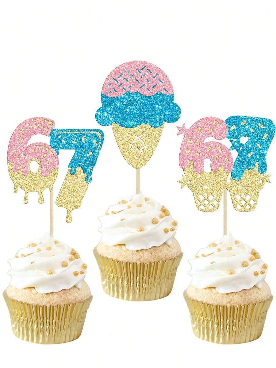 9 pezzi Decorazioni per torta di compleanno blu e rosa, decorazioni per torta di compleanno divertenti per il 6° e 7° compleanno, decorazioni per cupcake di compleanno 6° e 7°, forniture per decorazioni di torte a tema gelato per feste - 6 7 - Visualizzare 1
