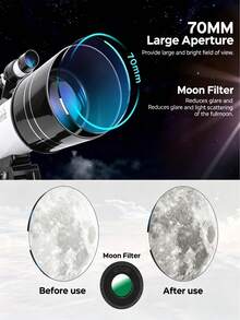 1PC 70mm Refractor Astronomy Telescope With Tripod, Portable 150X High Power Travel Telescope For Beginners Kids, Moon Star Observation Outdoor Camping Gear, Ideal Educational Gift For Children - Black and White - View 6