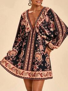 Vestido de gasa con cuello en V y manga larga con estampado floral para mujer, adecuado para vacaciones, estilo de vacaciones, estampado gráfico tejido, atuendos casuales de verano para vacaciones, atuendos de vacaciones en la playa bohemia, ropa bohemia chic, atuendos de festivales de vacaciones, atuendos de playa para mujer, atuendos de verano para mujer, atuendo de graduación, atuendos de cumpleaños para mujer, artículos esenciales de playa, atuendo de aeropuerto para mujer, vestido de té, vestido de cumpleaños, vestido de verano, verano europeo, ropa bohemia para mujer, vestido elegante para mujer - Negro y oro - Ver 2
