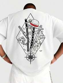 Men's Vintage Anime Graphic T-Shirt - Black Short Sleeve T-Shirt With Japanese Art Print, Regular Fit, Machine Washable, Casual Wear For Anime Fans, Artistic Clothing, Japanese Art T-Shirt, Quality Casual Wear - 白色 - 查看 5