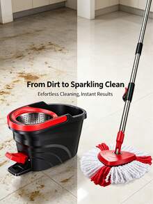 1 Set Spin Mop And Bucket With Foot Pedal Wringer, 360° Rotating Mop System With 4 Microfiber Mop Heads, 135cm Extended Handle Spinning Mop For Floor Cleaning, Red & Black Household Cleaning Supplies - 1個拖把桿+1個腳拖把桶子+4個拖把布 - 查看 4