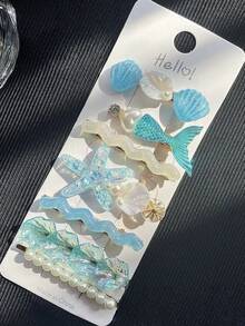 7件組女款優雅簡約清新海洋人魚尾海星貝殼仿珍珠水鑽髮夾，適用日常、學校、海灘度假、上班通勤、派對、節日、生日禮物、返校季（粉色系，含隨機粉色與白色貝殼配件），髮卡髮夾 - 粉色 - 查看 11