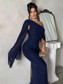 Dayanna Comas Vestido de mujer de unicolor con hombros asimétricos - Azul marino - Ver 7