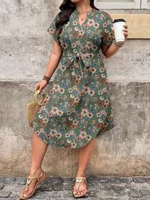 Vestido de manga corta con escote en pico asimétrico y estampado de líneas abstractas, adecuado para el verano, talla - Multicolor 3 - Ver 5