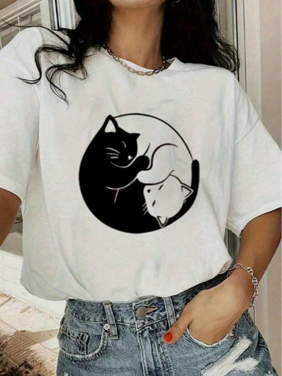 Camiseta de Verano para Mujer con Estampado y Cuello Redondo, Moderna y Versátil, Camisetas con Gráficos de Silueta de Gato Blanco y Negro, Top Blanco para Mujer, Ropa para Salir, Estilo Vintage para Vacaciones en la Playa, Ropa para Mujer para el Regreso a Clases - Blanco - Ver 1