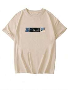 Comfortable Plus Size Crew Neck T-Shirt With Unique Cat And Blue Flower Print With Simulated Effect, Casual Style. - 杏色 - 查看 2