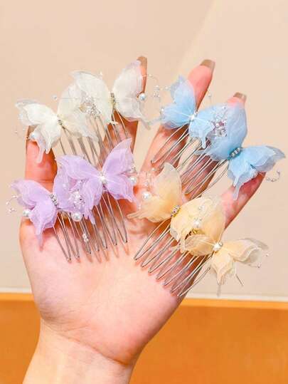 4/1 Set Chiffon Butterfly Hair Combs, Women's Gentle Pearl Rhinestone Hair Accessories, Multi-Color Options, Versatile For Daily Wear, Hanfu Styling, 520 Valentine's Day Gift For Girls - Suitable For Women And Girls, Daily, Date, School, Vacation, Beach, Party, Holidays, Gifts, Graduation Season