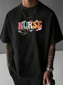 The Print Features The Word NURSE With Colorful Medical Elements Such As A Stethoscope, Syringe, Pills, And Flowers, Symbolizing Dedication, Care, And Positive Energy Towards The Nursing Profession. This Men's T-Shirt Is Made Of 100% Cotton, Is Casual And Comfortable, Ideal For Everyday Wear, And Makes An Inspirational Gift. - 黑色 - 查看 3