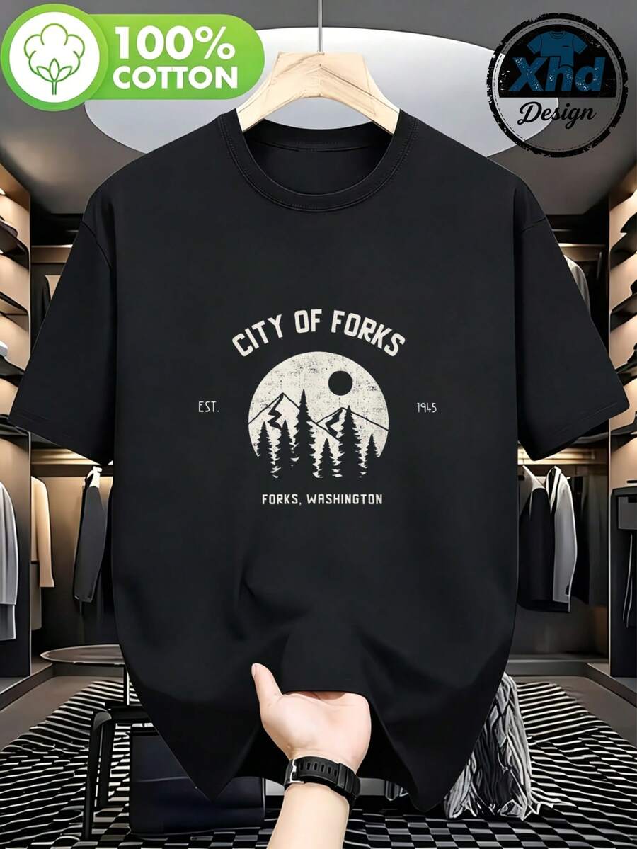 Men's 100% Cotton Vintage-Style T-Shirt With A Forks, Washington City Design (Est. 1945) Featuring Mountains And Forest. Ideal For Everyday Wear In Spring And Fall. A Perfect Gift For Nature Lovers And Travelers. - 黑色 - 查看 1