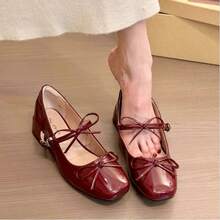 French Haute Couture Bow, Chunky Heel And Square Toe Shoe, New Marijen With Skirt And Red Shoes For Women, Women's Ballerinas - 酒紅色 - 查看 2