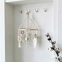 1pc Macrame Wall Hanging, Handwoven Decor With Wooden Beads & Tassels, Boho Style Wall Decor For Bedroom - Beige - View 10