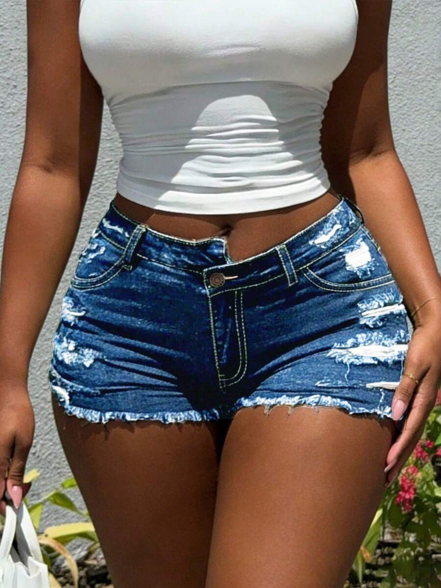 Women's Ripped Denim Shorts Hot Pants Sexy Torn Hair Edge Irregular Personality Summer Shorts. - 中等水洗藍 - 查看 1